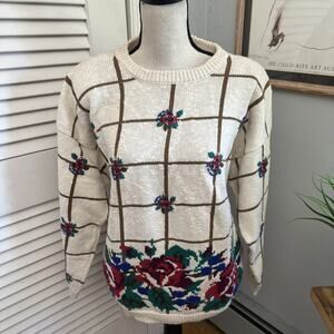 Vintage TALBOTS Sweater Womens Large Cream Floral Ramie Retro 90s Cottage Granny
